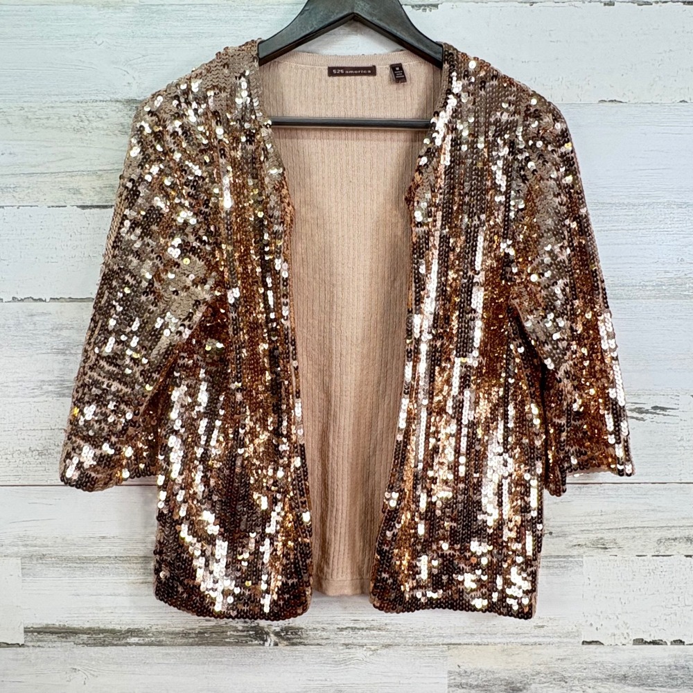525 America Womens M Rose Gold Sequin Open Front 3/4 Sleeve Cardigan Sweater